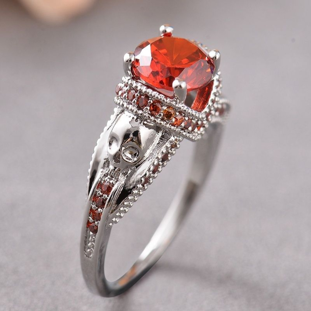 925 Silver Auger Skull Head Red Wedding Ring sz 7